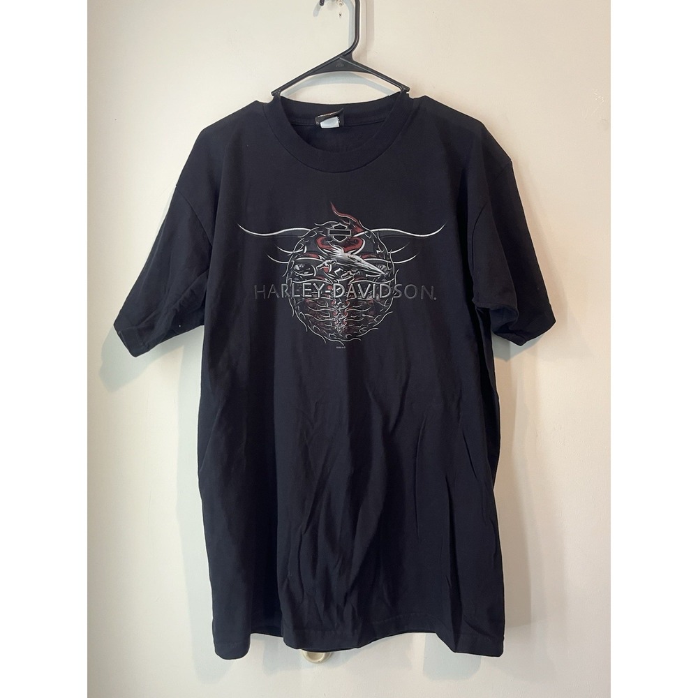 Vintage Harley Davidson Y2K Tshirt Short Sleeve Graphic Print Black Biker Tribal